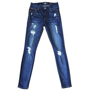 7 For All Mankind Ankle Skinny Distressed Dark Indigo Blue Jeans Size 24